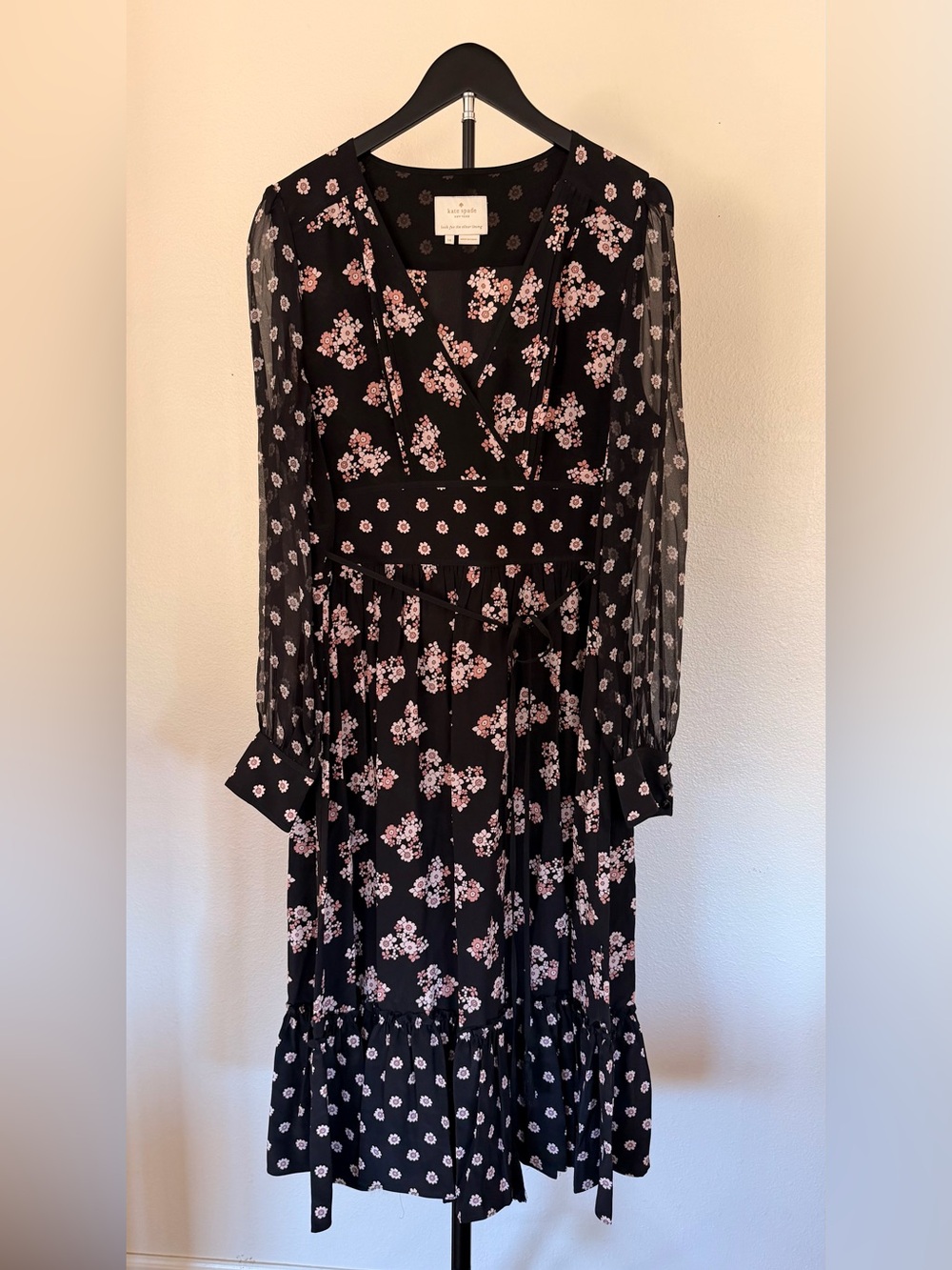 Kate Spade Black Floral Long Sleeve Midi Dress
